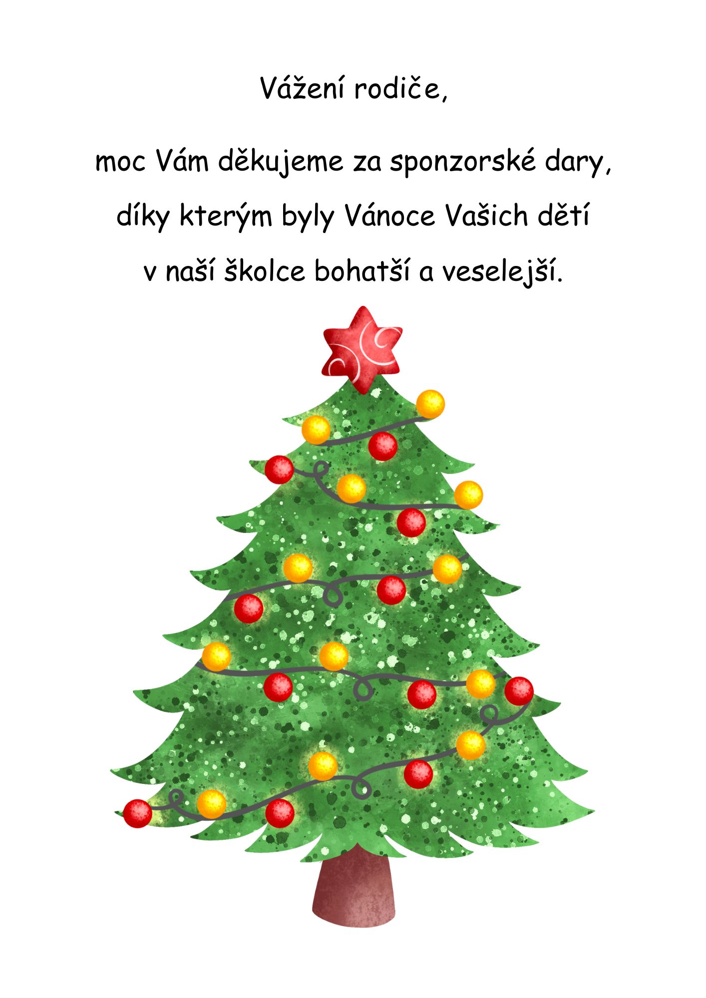 Poděkování rodičům za sponzorské dary, obrázek vánočního stromečku